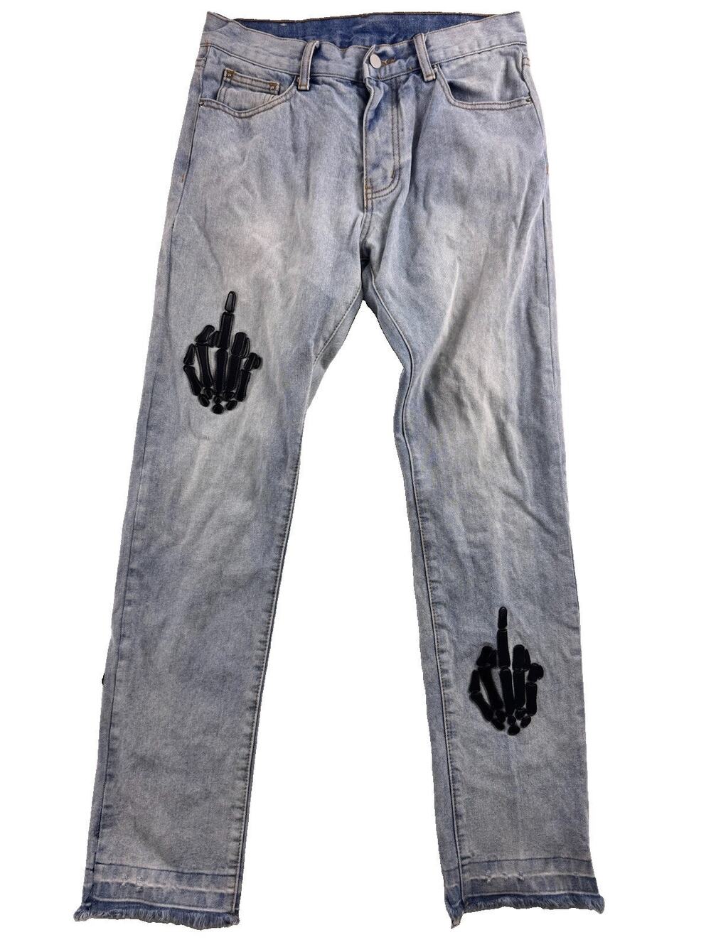 MNML Skeleton Denim Jeans Light Wash Embroidered Skeleton Hands Middle Finger 30